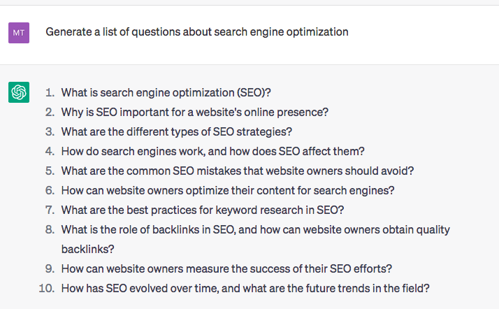 screenshot of chatgpt generating questions about seo