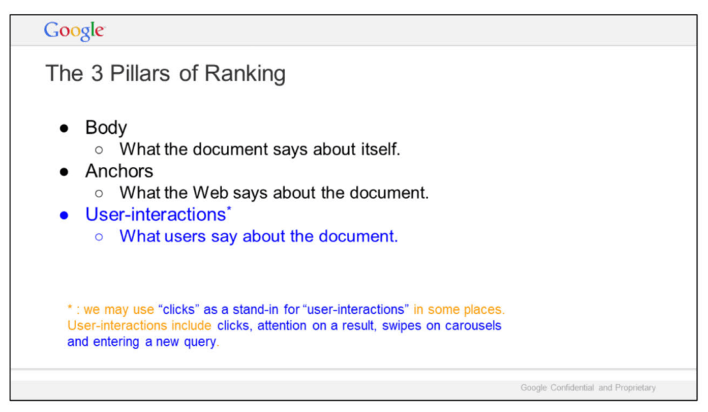 Google’s 3 Pillars of Ranking slide