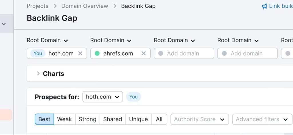 A screenshot of SEMrush’s Backlink Gap tool.