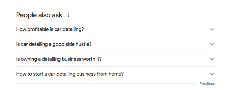 People Also Ask section of Google search result for freelance car detailing