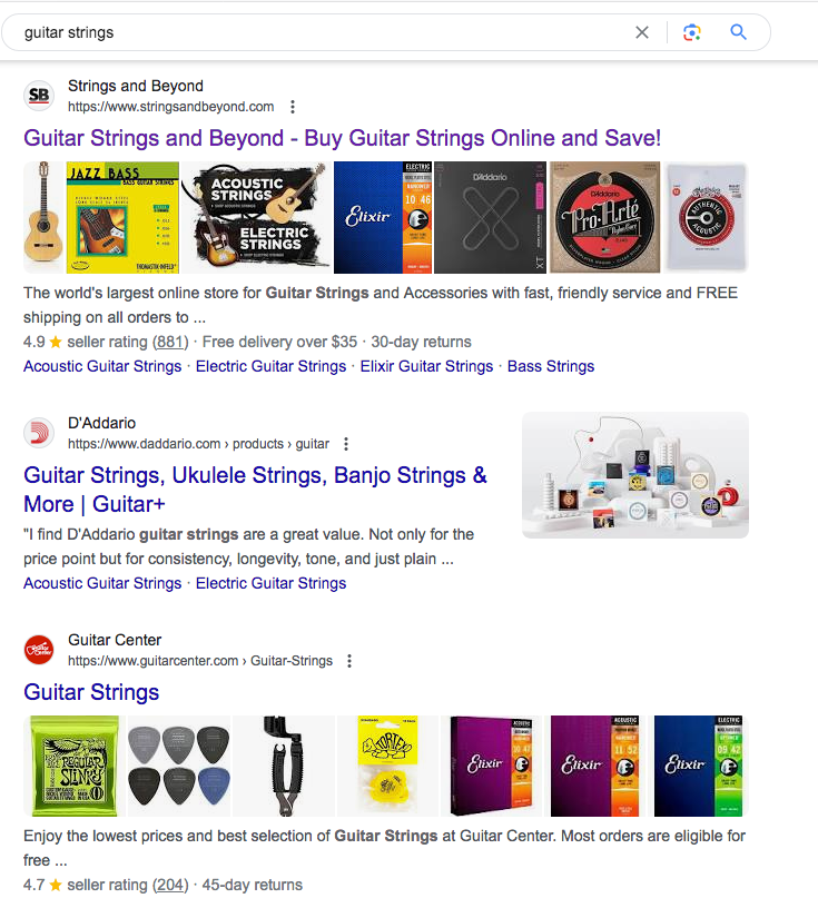 Screenshot of Google search result for guitar strings