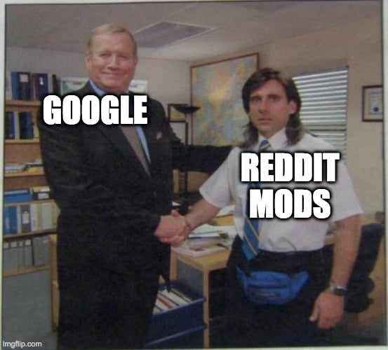 meme with caption Google and Reddit mods